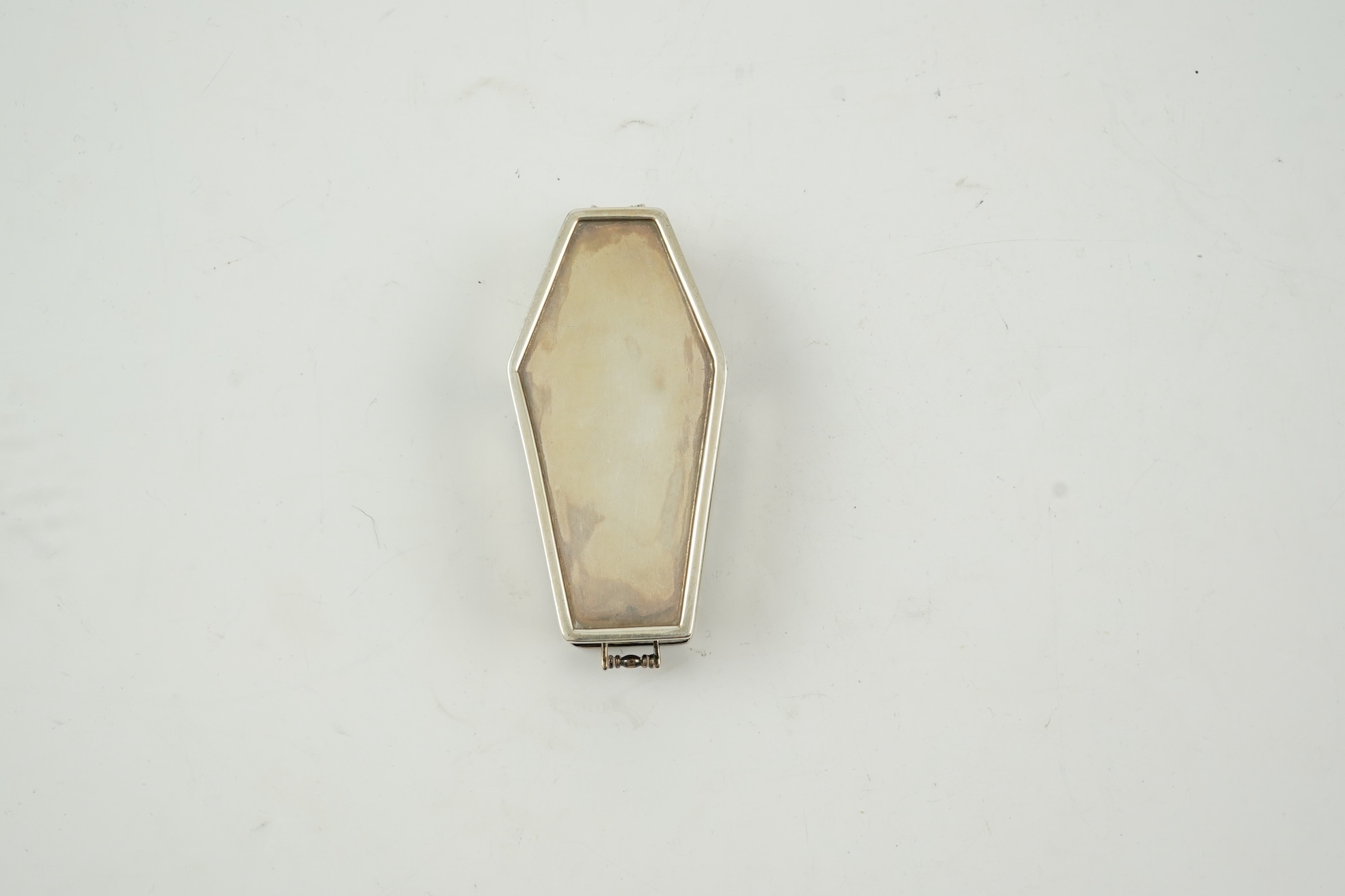 A George VI novelty silver snuff box, modelled as coffin with two handles and an 'RIP' appliqué, maker HW